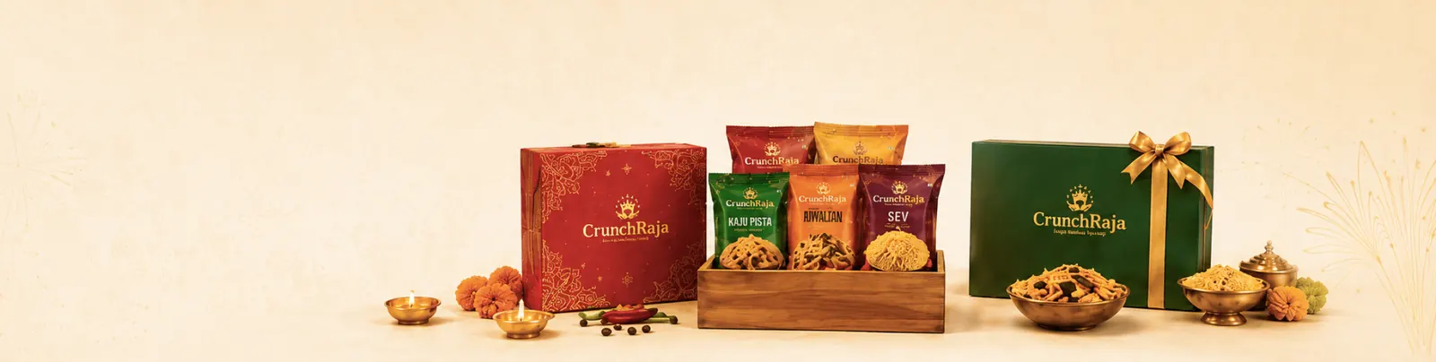 CrunchRaja festive gift hampers with branded namkeen packets, diyas and marigolds