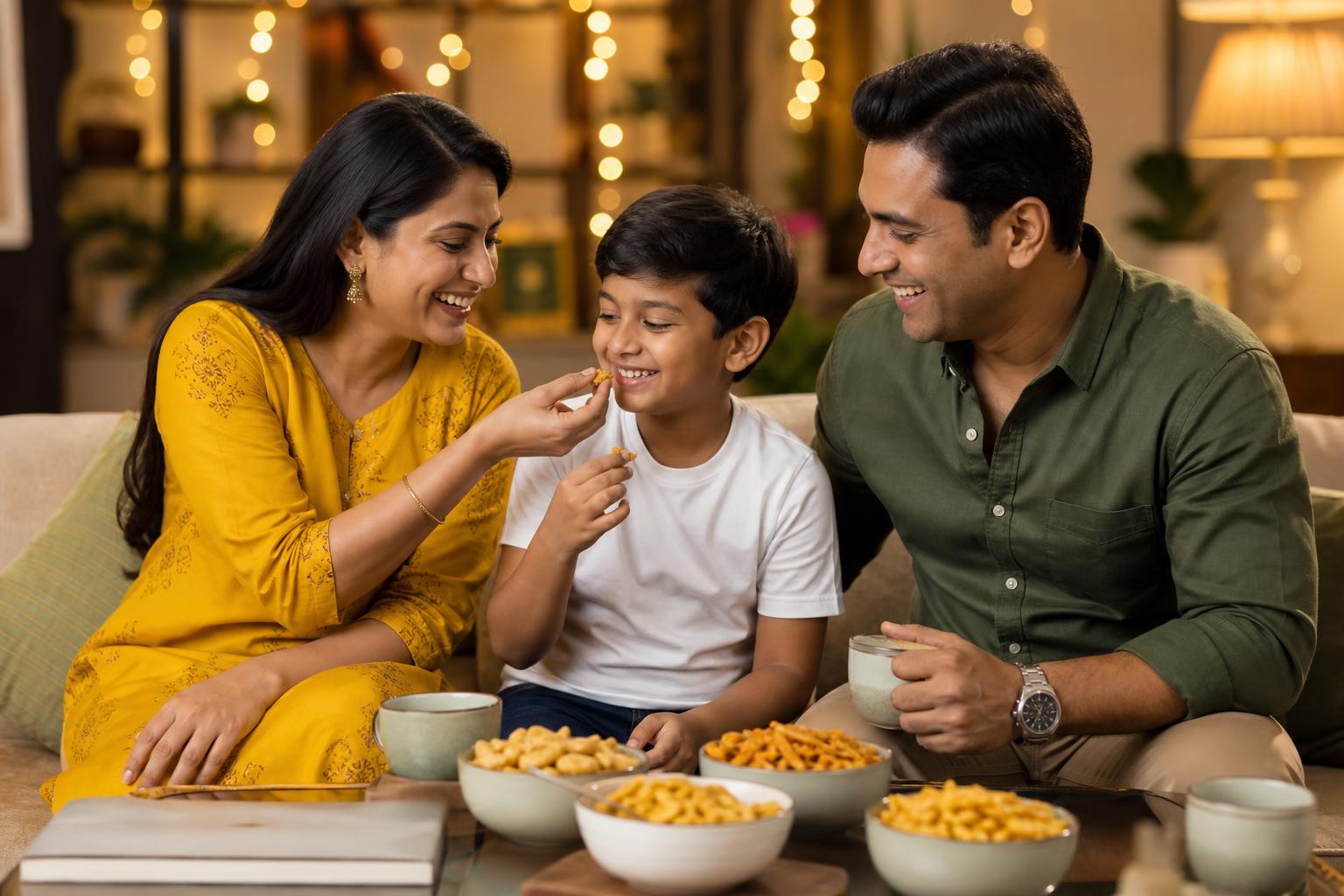 Indian family enjoying CrunchRaja namkeen together